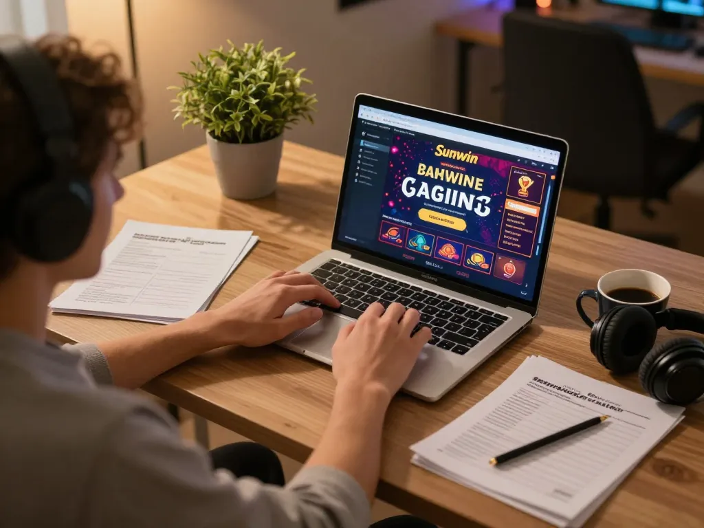 Player engaging with the Sunwin online casino interface at home, showcasing strategy notes and a cozy atmosphere.