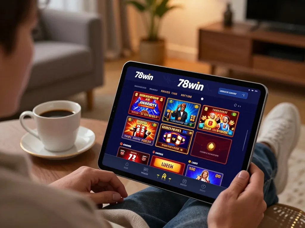 Engaging gaming moment featuring a relaxed player using the 78win app for online betting in a cozy setting.