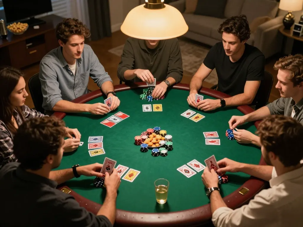 Friends enjoying poker night at home, showcasing the excitement and strategy in action at nhà cái LU88.