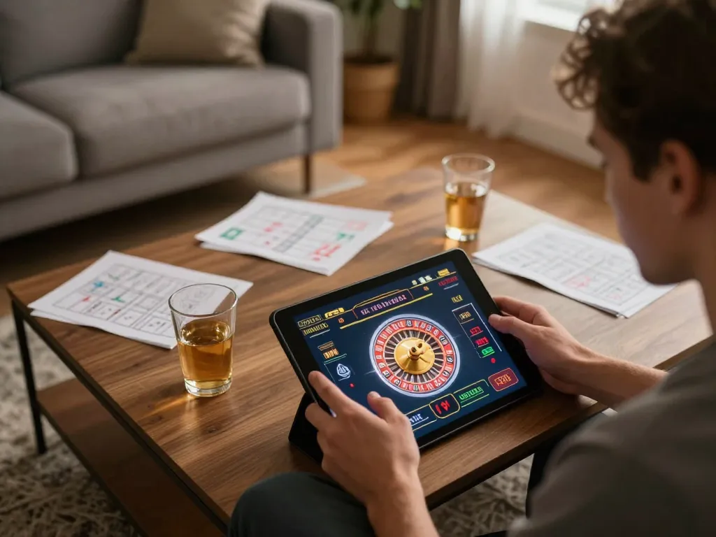 sin88 player engaging in online roulette gaming at home with strategy notes nearby
