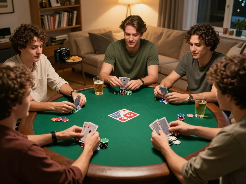 Friends playing poker at home, showcasing strategic gameplay with rik88 themed decor and lively atmosphere.