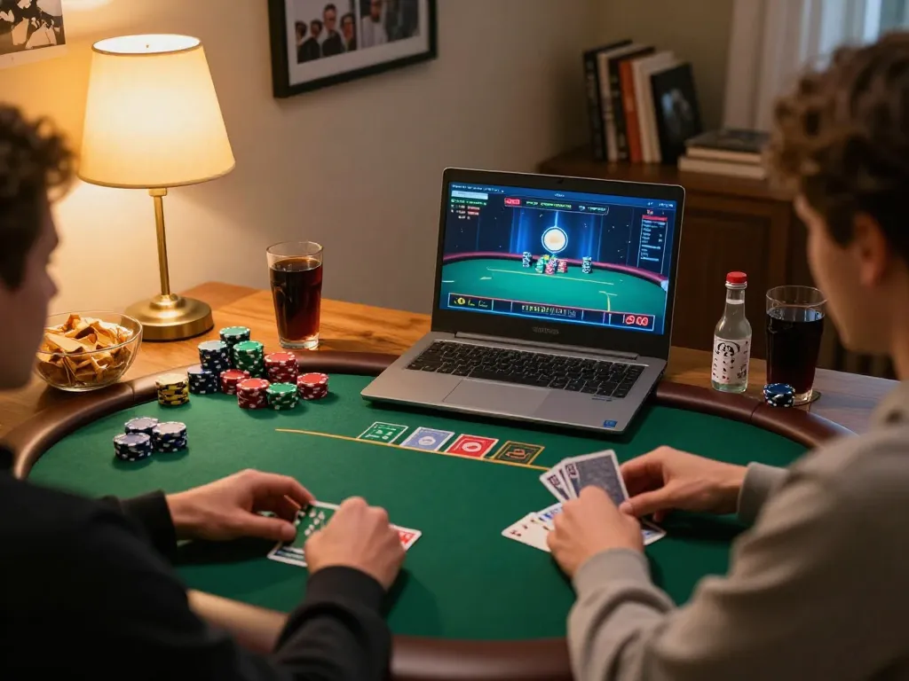 Engaging moment of a player in an online poker game at home, showcasing vipwin strategies amidst a cozy setup.