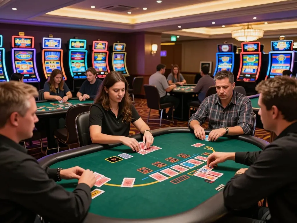 Engaged players at a blackjack table showcase the excitement of using the kp88 link for online gambling.