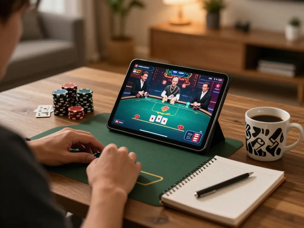 Engaging in online poker strategy at home with okwin on a tablet, showcasing responsible gaming atmosphere.
