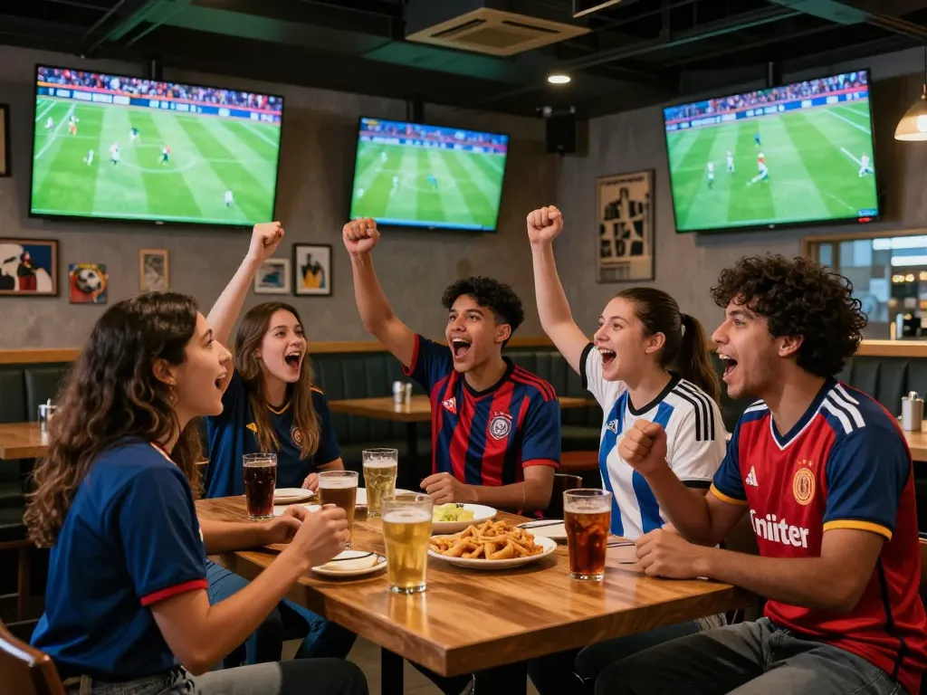 Live soccer match viewing experience at a sports bar, showcasing enthusiastic fans enjoying trực tiếp bóng đá.